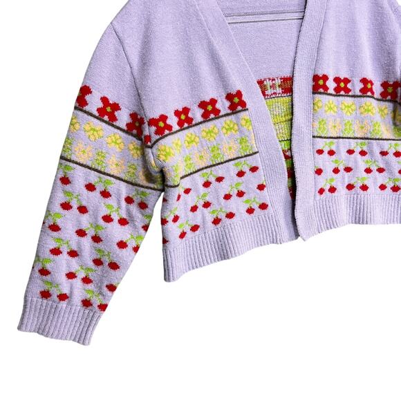 ZARA Womens Cropped Jacquard Knit Cherry Cardigan Sz M Sweater Cottage Coquette - Picture 6 of 11